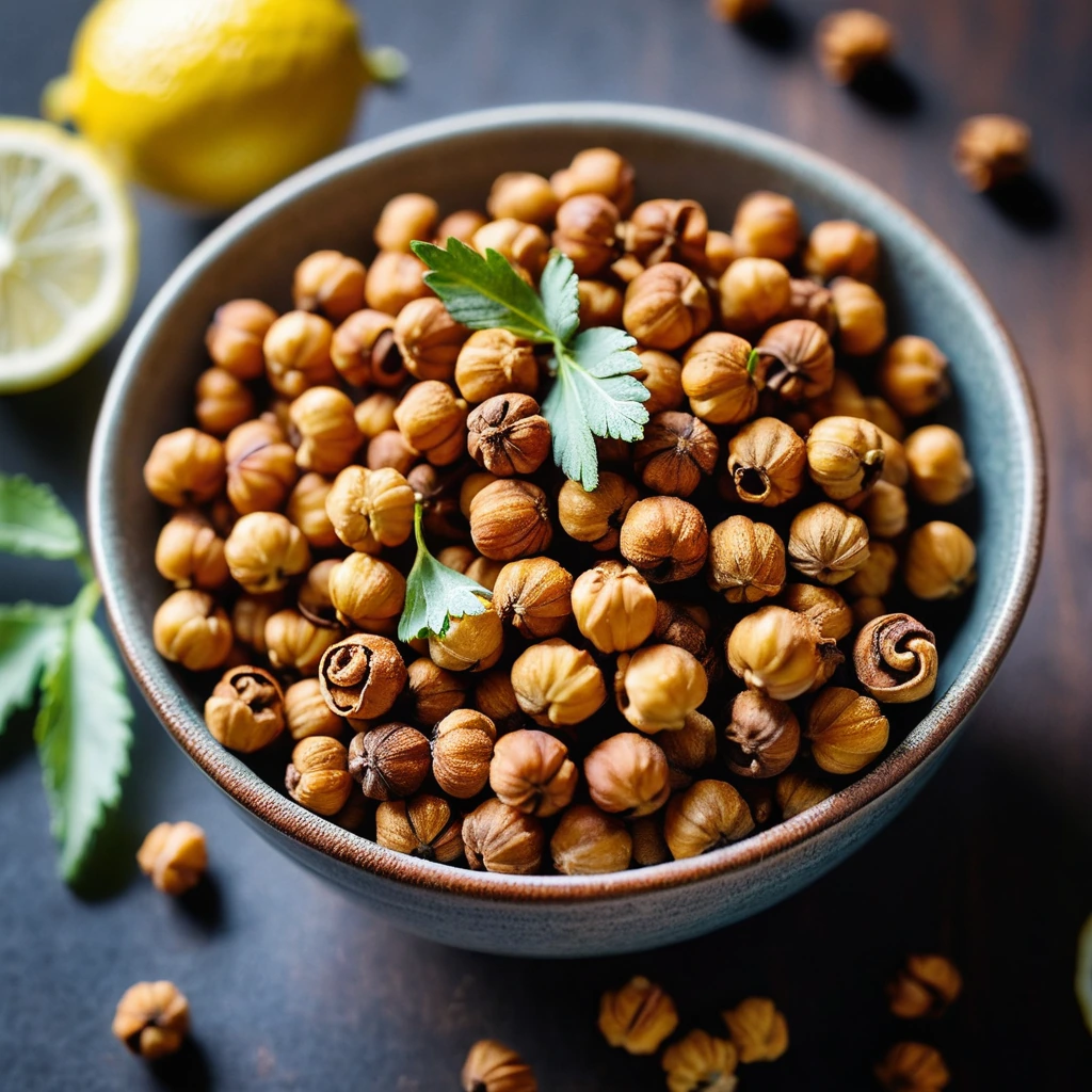 Golden roasted chickpeas in a bowl with a sprinkle of fresh parsley and a wedge of lemon.