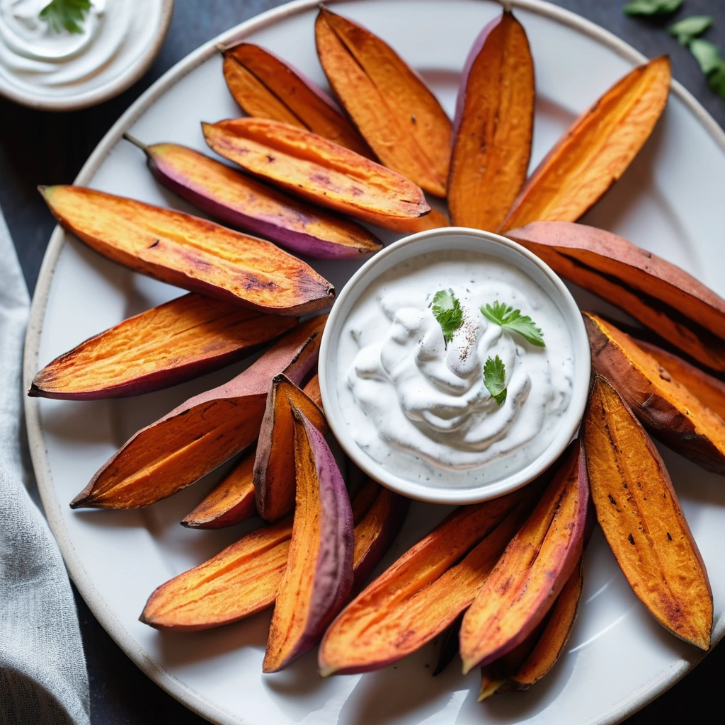 Golden sweet potato wedges on a white plate with a small bowl of creamy garlic yogurt sauce.