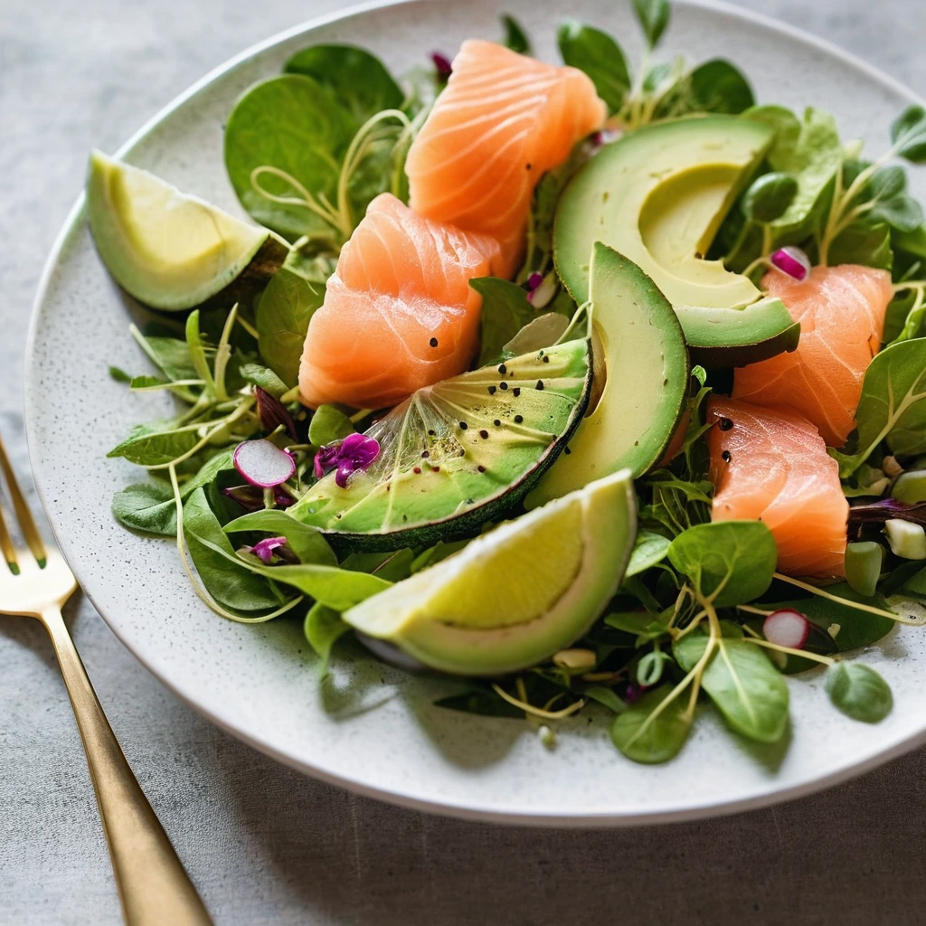 Colorful green salad with chunks of avocado and slices of smoked salmon, sprinkled with lemon zest.