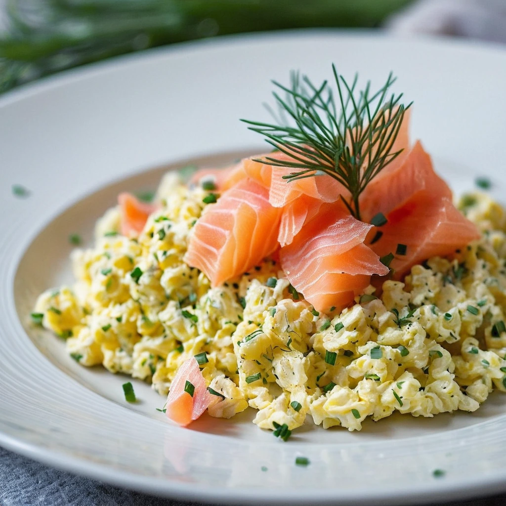 Golden scrambled eggs with pink smoked salmon flakes and green chives served on a white plate.
