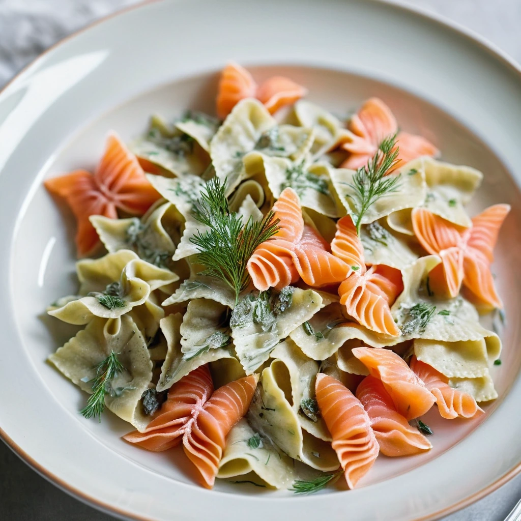 Plump farfalle pasta in a creamy sauce with vibrant green dill and thin slices of smoked salmon on a white plate.