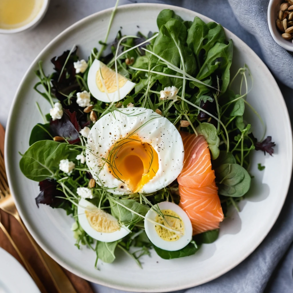 Bowl of mixed greens topped with slices of smoked salmon, a soft-boiled egg, and a drizzle of lemon vinaigrette