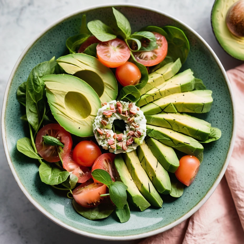Colorful salad in a shallow bowl with green avocado, pink smoked salmon, and red tomato slices.