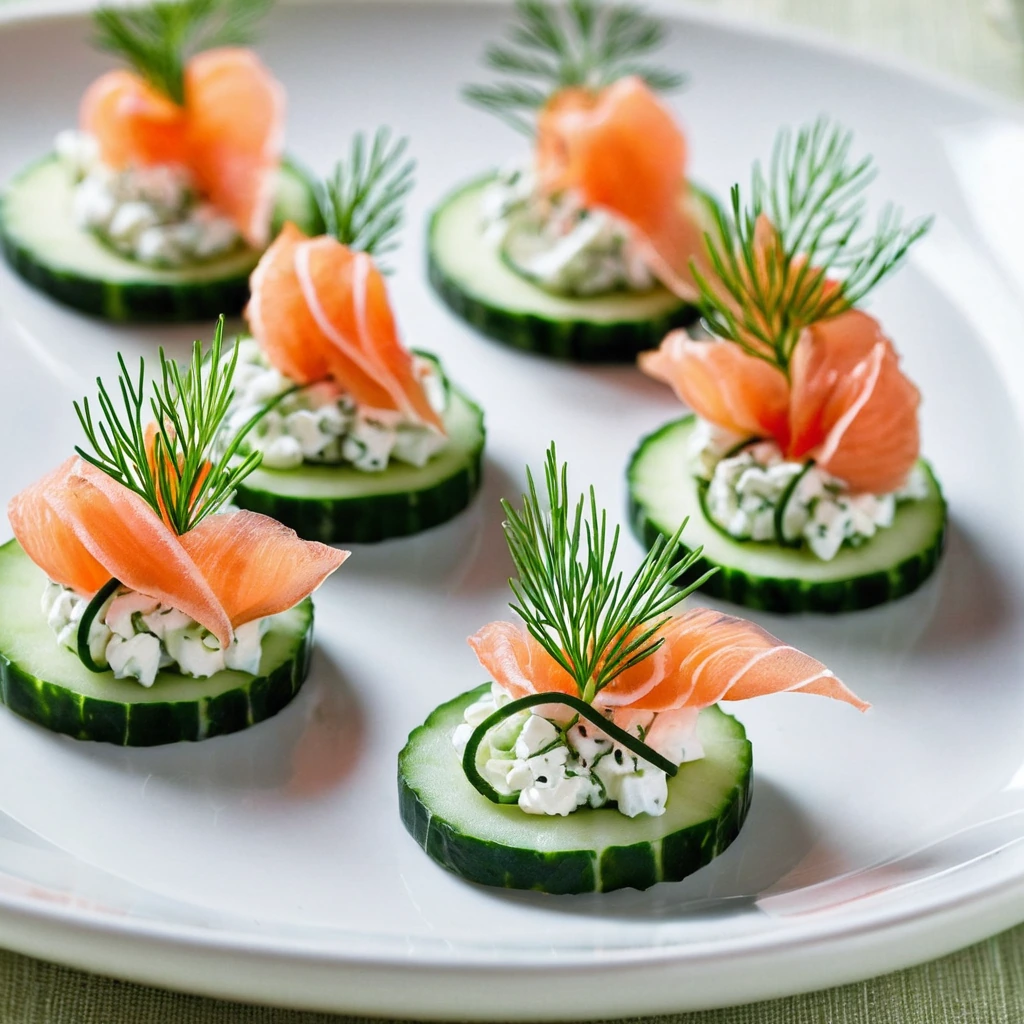 Thin cucumber slices topped with smoked salmon, cream cheese, and dill arranged on a white plate.