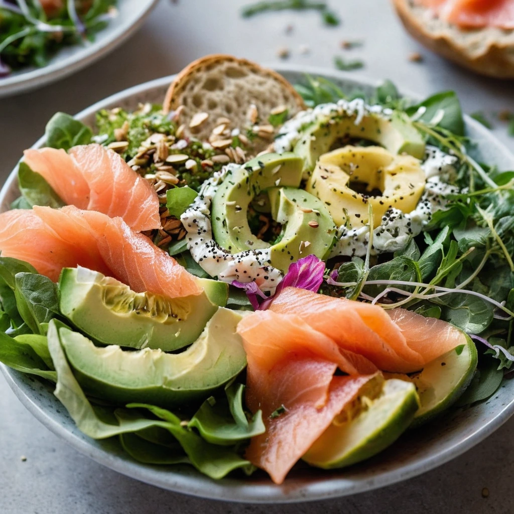 A colorful bowl with smashed avocado, arugula, smoked salmon, and everything seasoning atop toasted bagel halves.