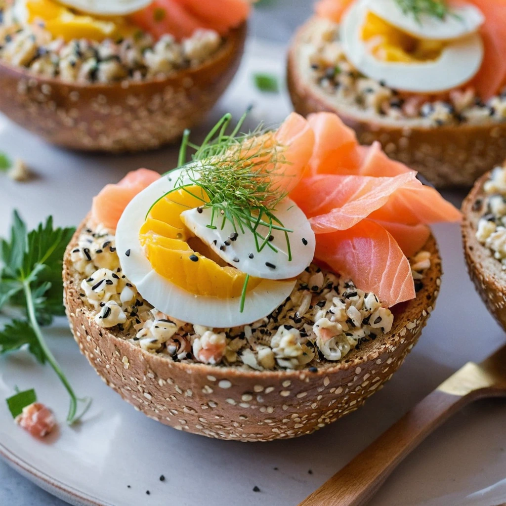 Golden everything bagel halves filled with fluffy scrambled eggs and slices of pink smoked salmon, sprinkled with sesame seeds.