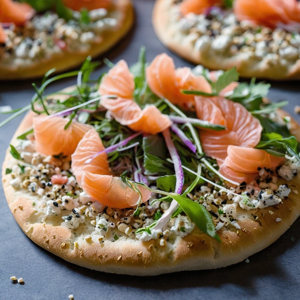 Golden flatbread topped with vibrant green herbs, slices of pink smoked salmon, and a sprinkle of everything bagel seasoning.