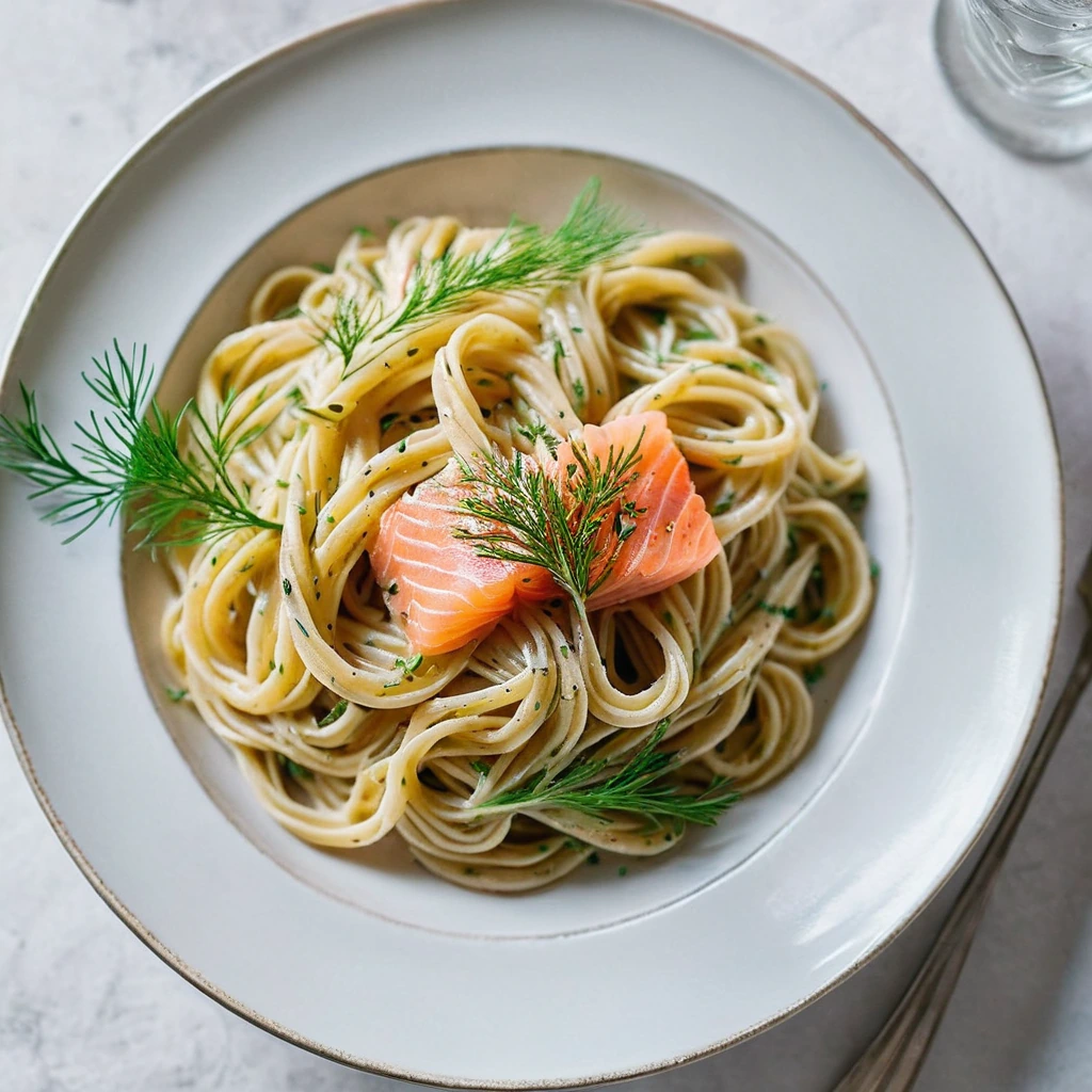 Creamy pasta in a lemon sauce topped with pink smoked salmon and green dill sprigs on a white plate.