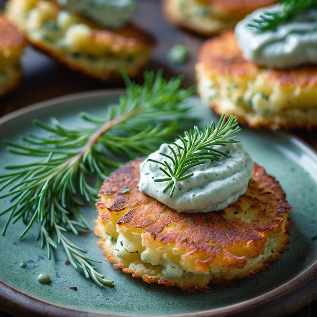 Crispy golden potato cakes topped with a vibrant green dill cream, arranged on a rustic wooden board.