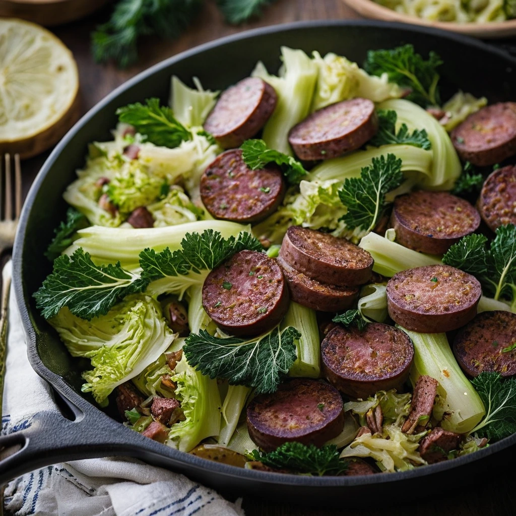 A sizzling skillet filled with golden brown sausage slices and vibrant green cabbage leaves.