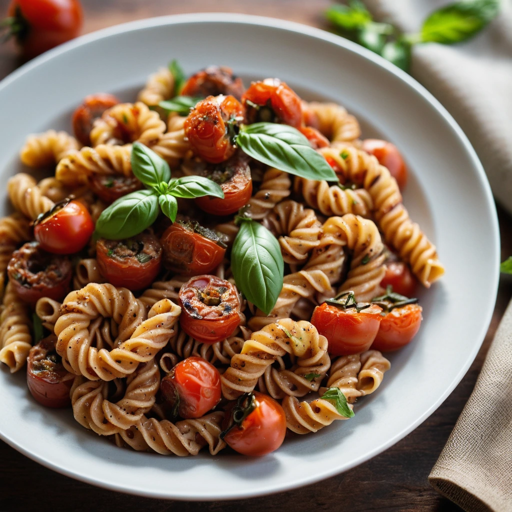 Colorful rotini pasta with chunks of smoky sausage and roasted tomatoes in a golden sauce, garnished with fresh basil.