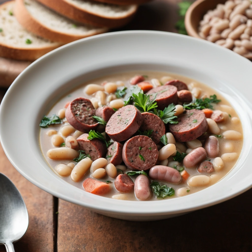 A steaming bowl of creamy white beans and sliced smoked sausage in a rich broth, garnished with fresh parsley.
