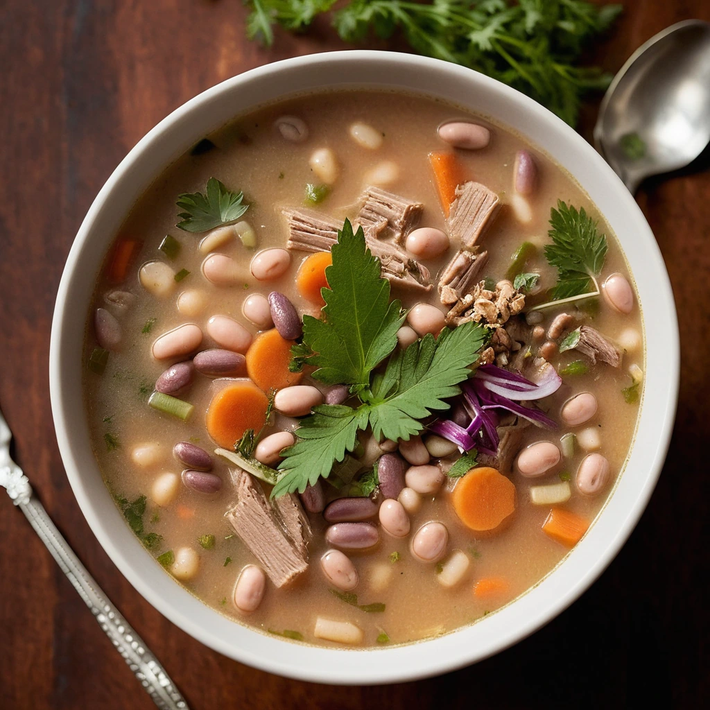 Steaming bowl of golden-brown soup with chunks of turkey and beans, garnished with fresh herbs.