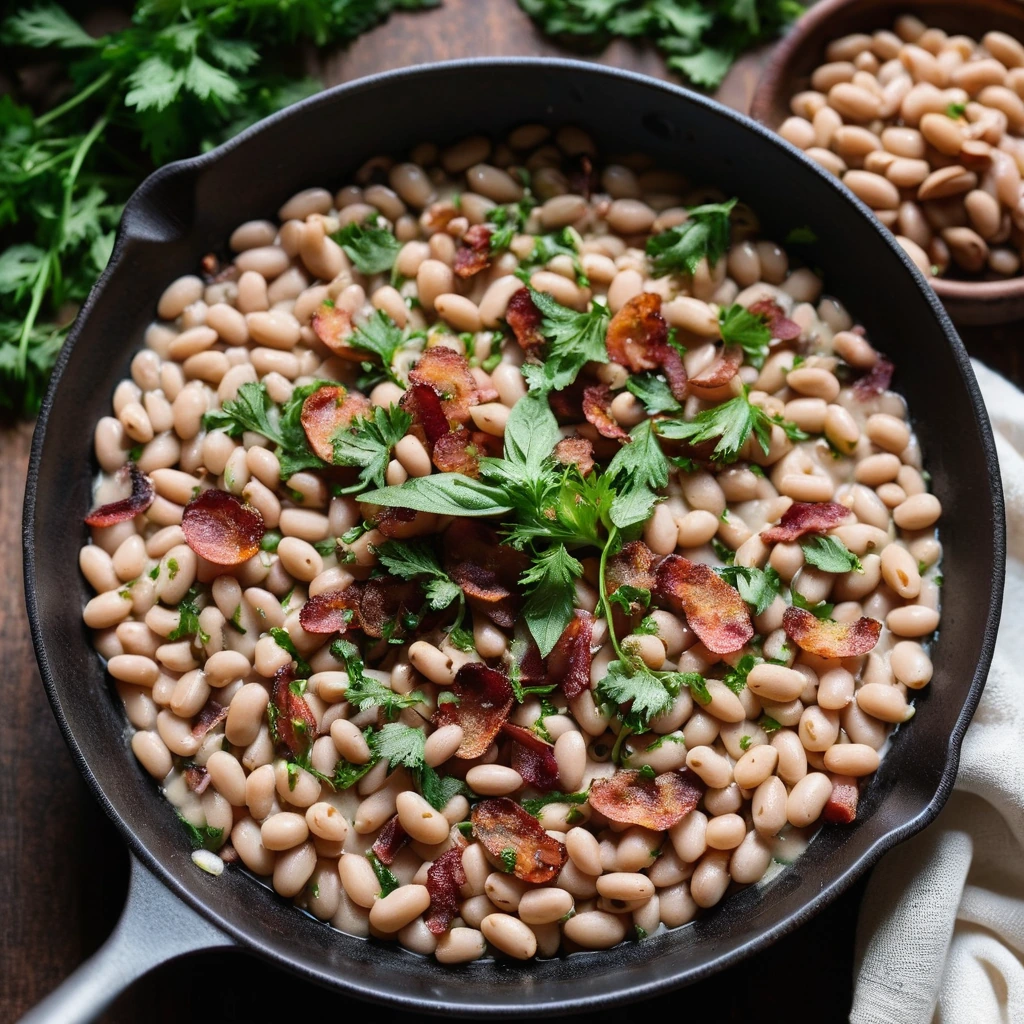 A rustic skillet filled with creamy white beans and crispy bacon bits, sprinkled with fresh parsley.