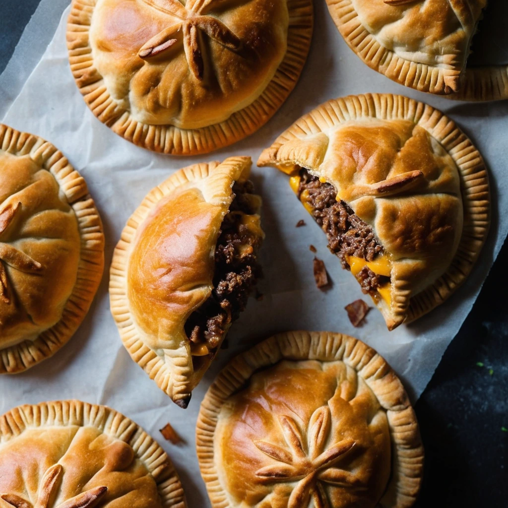 Golden hand pies with flaky crust, filled with smoky bacon and beef, topped with melted cheddar.
