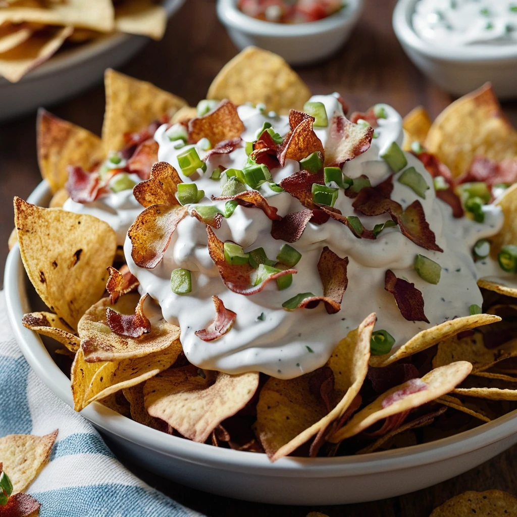 Nachos made with potato chips, topped with crumbled bacon, melted cheese, and drizzled ranch dressing in a rustic bowl.