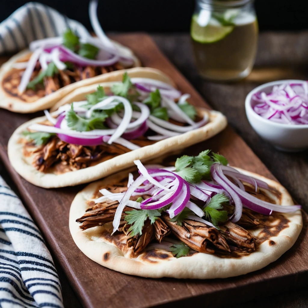 Golden flatbreads topped with shredded smoky chicken, BBQ sauce, and vibrant pickled onions, served on a rustic wooden board.
