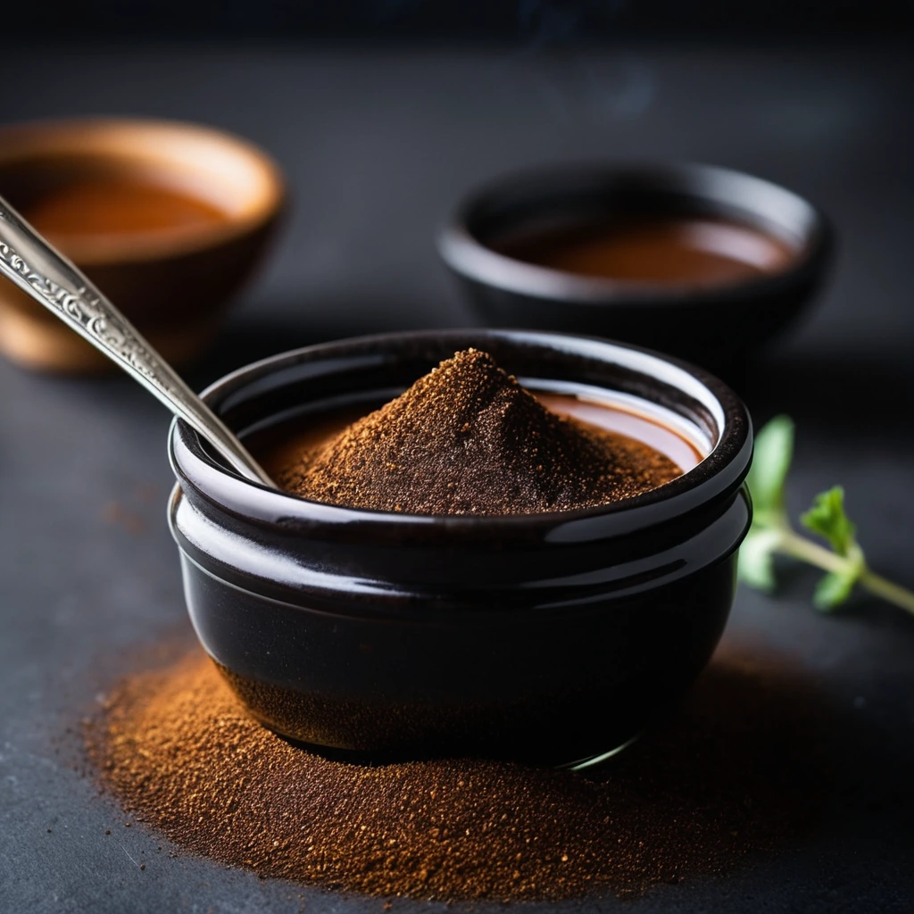 Rich brown sauce in a bowl with a sprinkle of dark rub on top, perfect for grilling.
