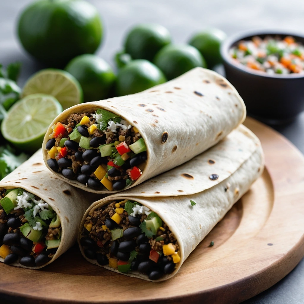 Four golden burritos on a wooden board, garnished with fresh cilantro and a lime wedge.