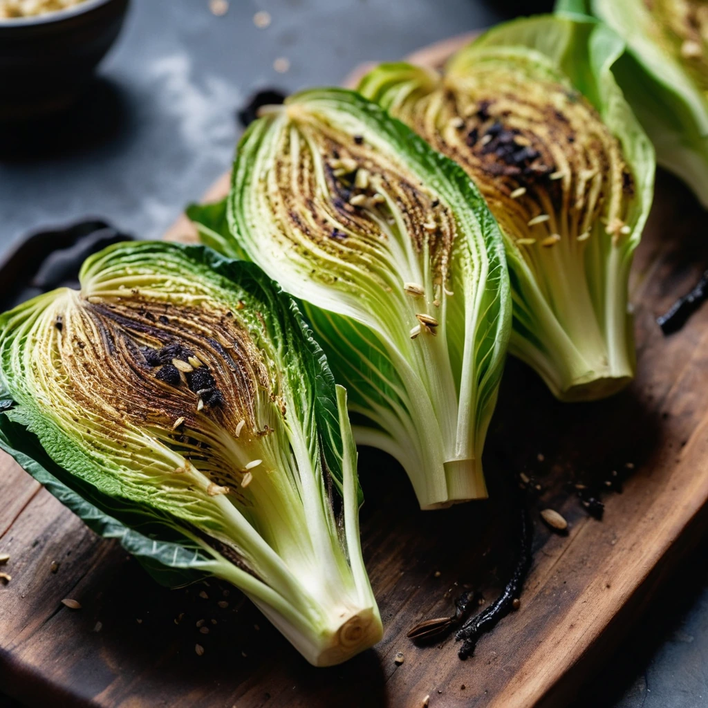 Golden-brown cabbage wedges with crispy edges, drizzled with golden garlic butter on a rustic wooden board.