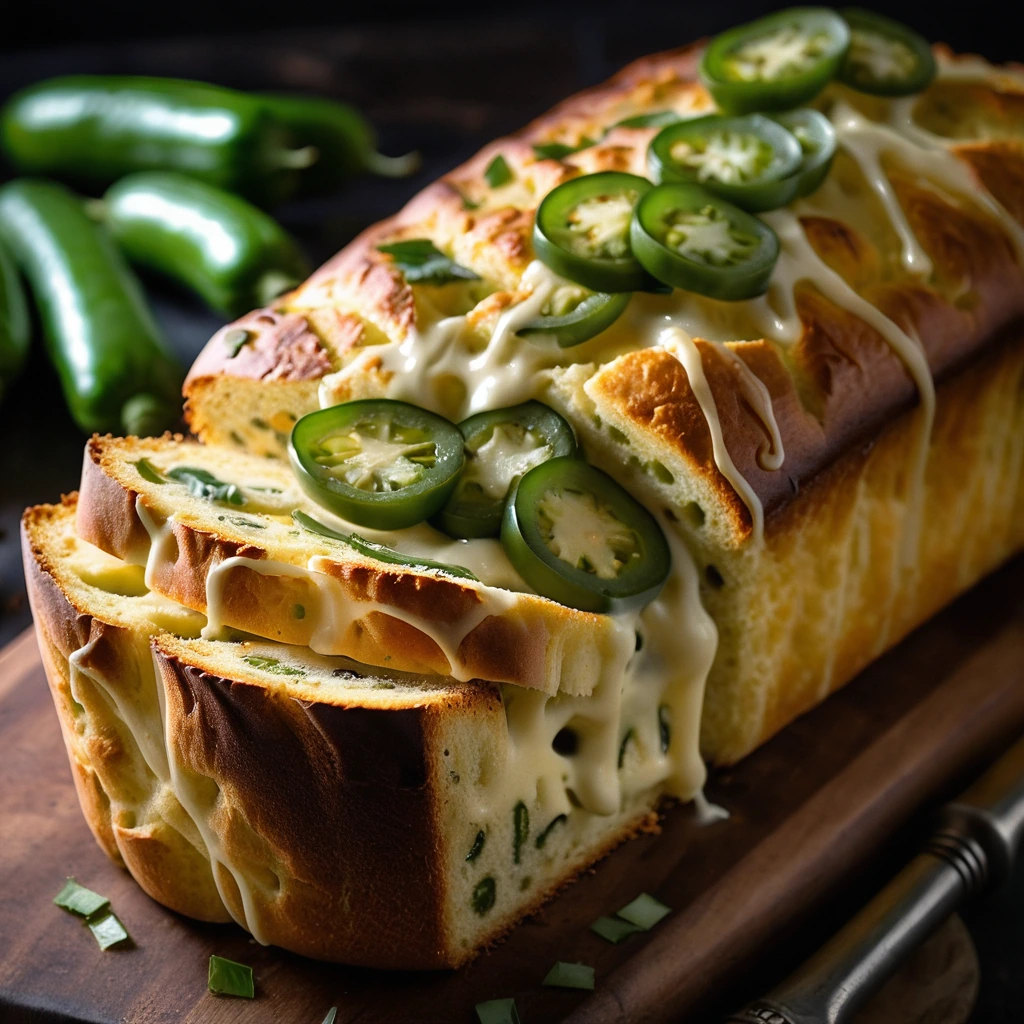 Golden brown loaf with melted cheese and green jalapeño slices visible on top, served warm on a wooden board.