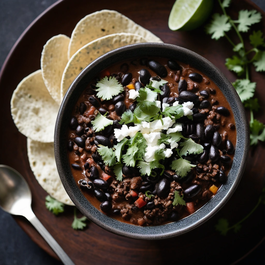 A steaming bowl of chili with chunks of beef and black beans topped with fresh cilantro and shredded cheese.