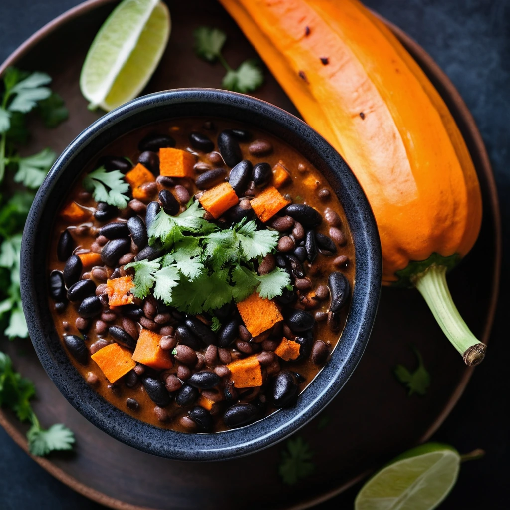 A steaming bowl of vibrant orange chili with chunks of sweet potato and black beans, sprinkled with fresh cilantro.