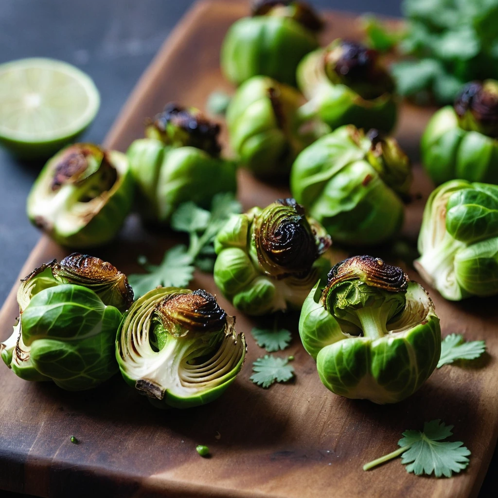 Golden brown Brussels sprouts bites on a rustic wooden board with a sprinkle of fresh cilantro.