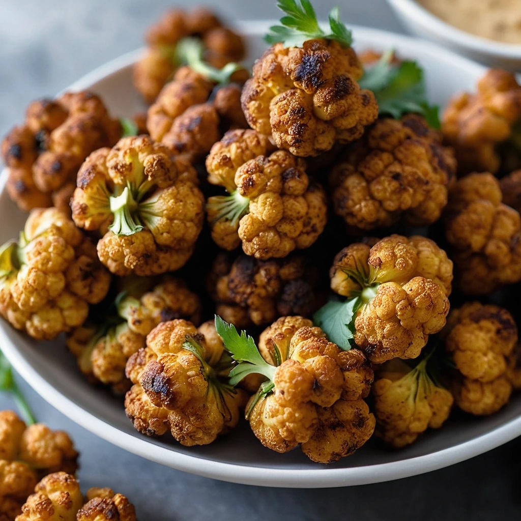 Golden brown cauliflower florets with a smoky glaze, served in a rustic white bowl.