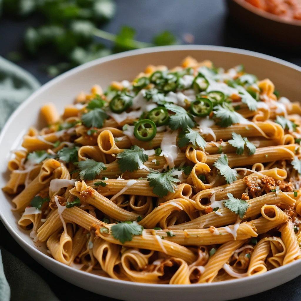 Golden pasta swirled with red sauce, topped with melted cheese and green onions.