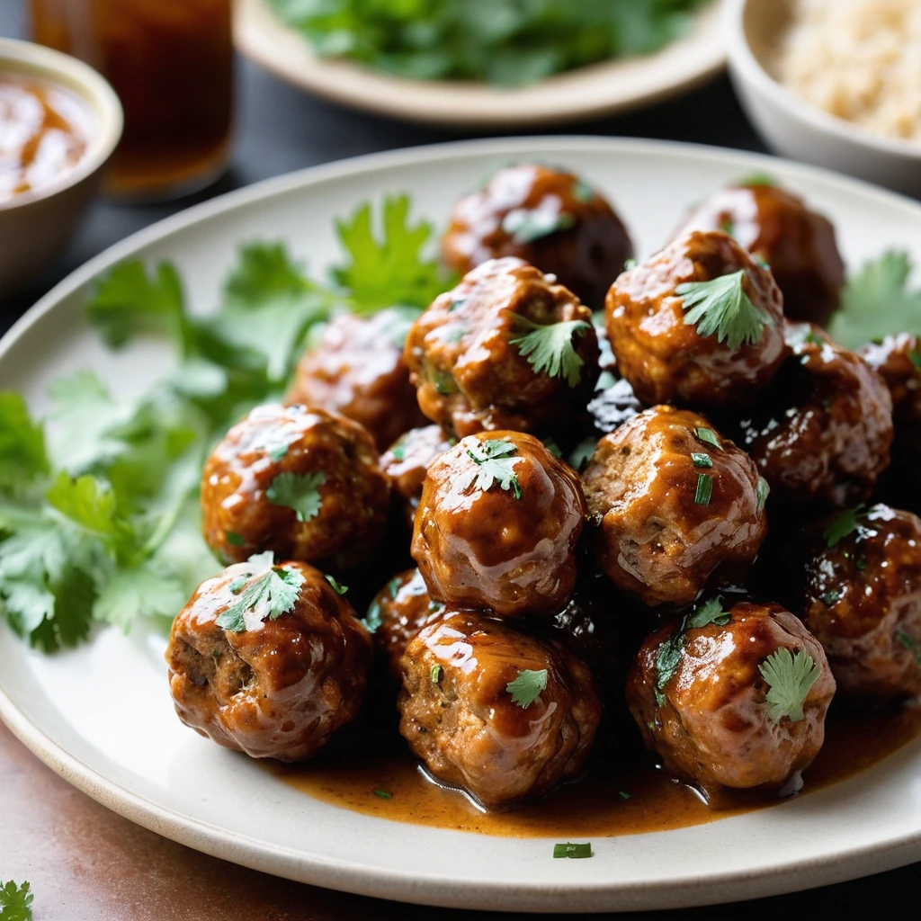 golden brown meatballs on a platter with a glossy sauce, garnished with fresh cilantro