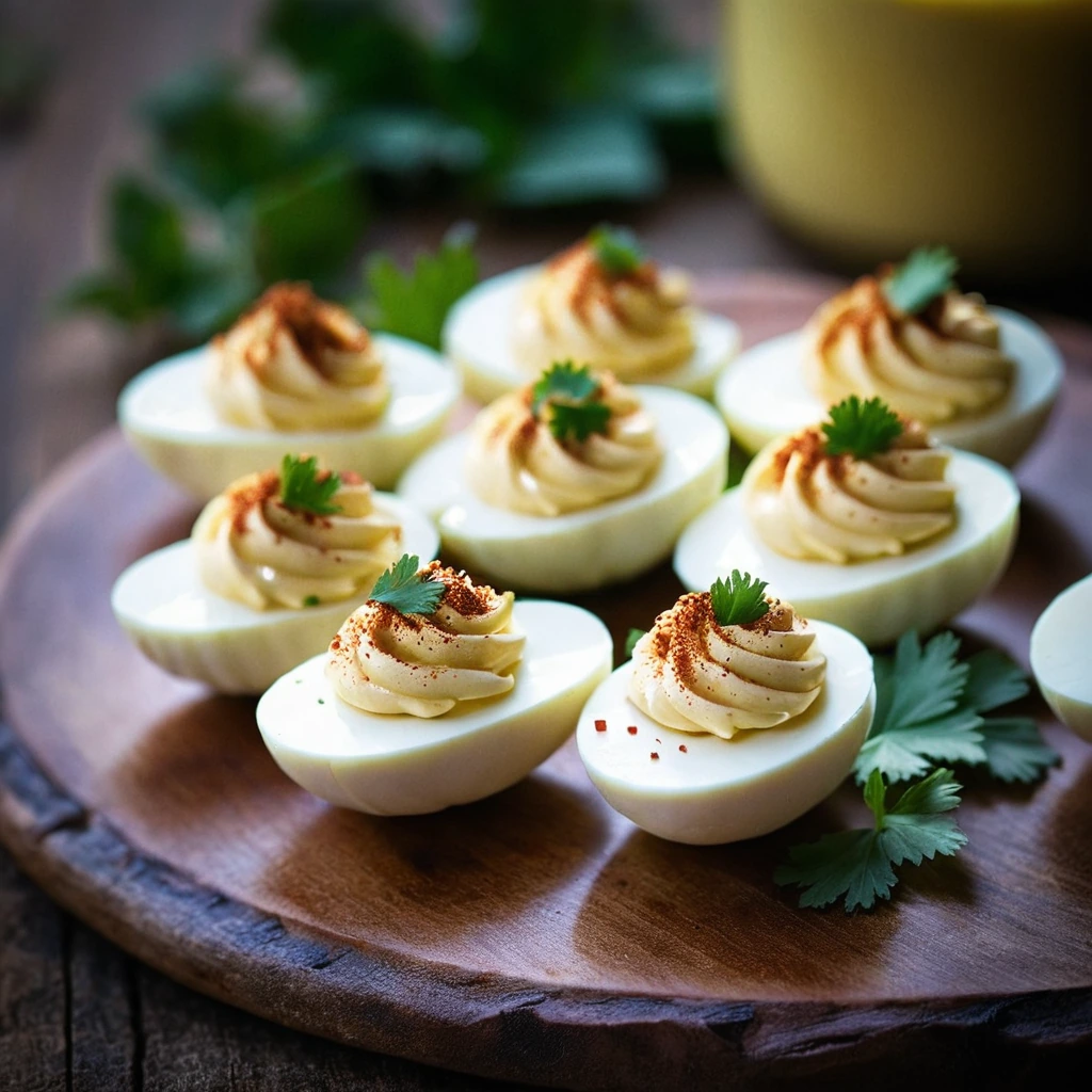 Dozen halved deviled eggs with a vibrant orange filling, sprinkled with paprika, arranged on a rustic wooden board.