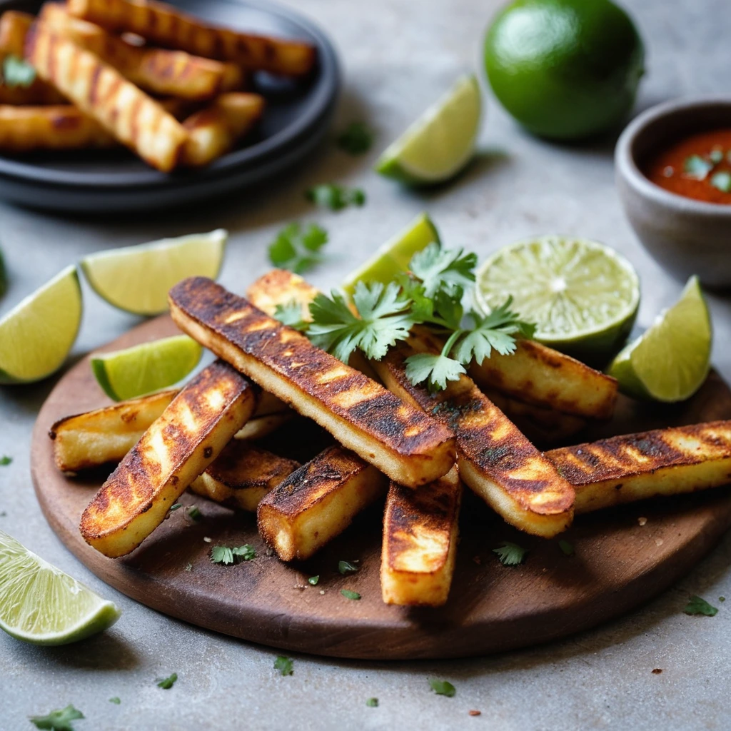 Golden halloumi fries dusted with smoky chipotle seasoning, served on a rustic wooden board with a side of lime wedges.