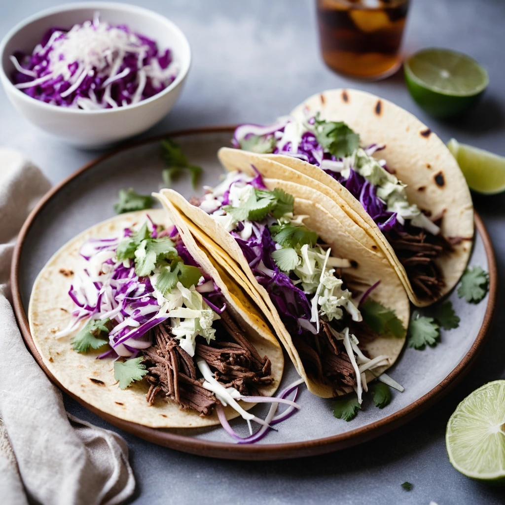 Warm corn tortillas filled with shredded beef and topped with vibrant purple and white slaw.