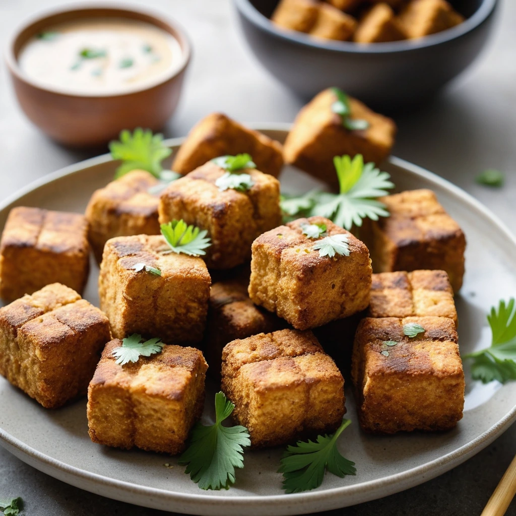 Golden tofu nuggets on a platter with a drizzle of creamy sauce, garnished with fresh cilantro.