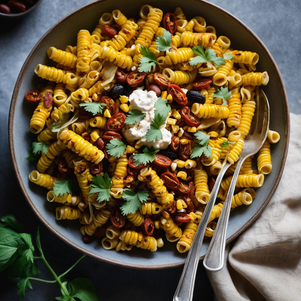 Golden roasted corn and vibrant red chorizo mixed into a creamy, al dente pasta in a shallow bowl.