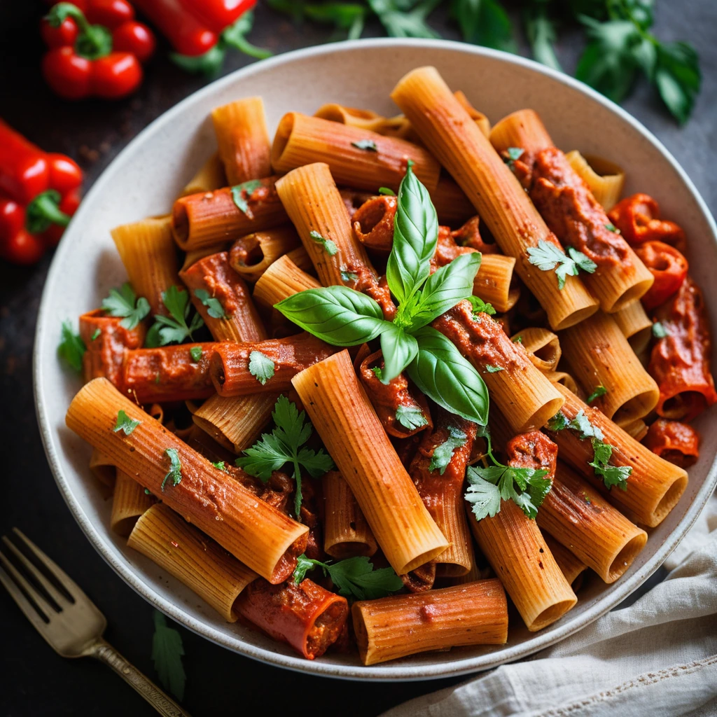 Plump rigatoni pasta in a vibrant red sauce with chunks of roasted peppers and slices of spicy chorizo, garnished with fresh parsley.