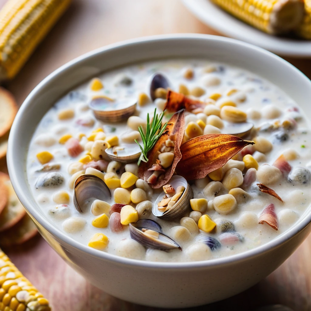 Steaming bowl of creamy chowder with chunks of corn, clams, and crispy bacon bits.