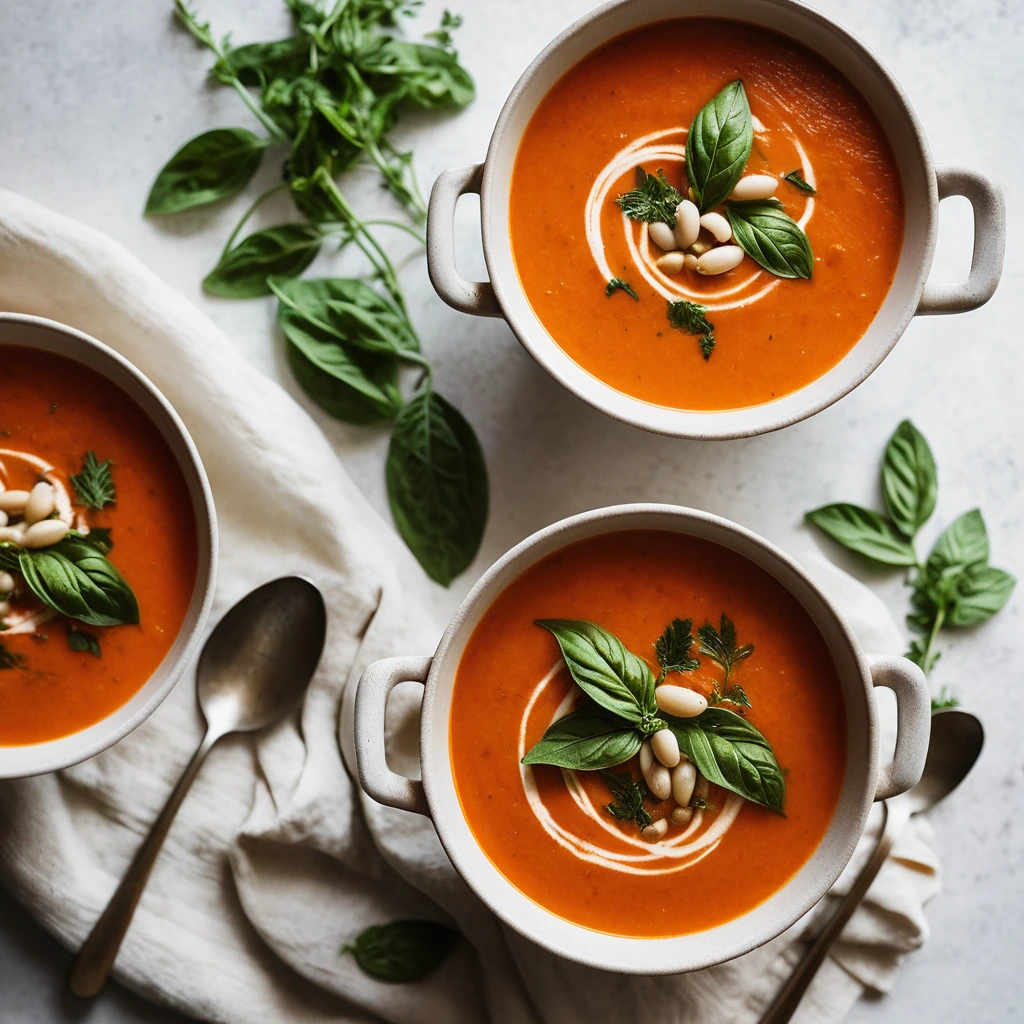 A bowl of vibrant orange and creamy white soup topped with fresh herbs and a drizzle of olive oil.