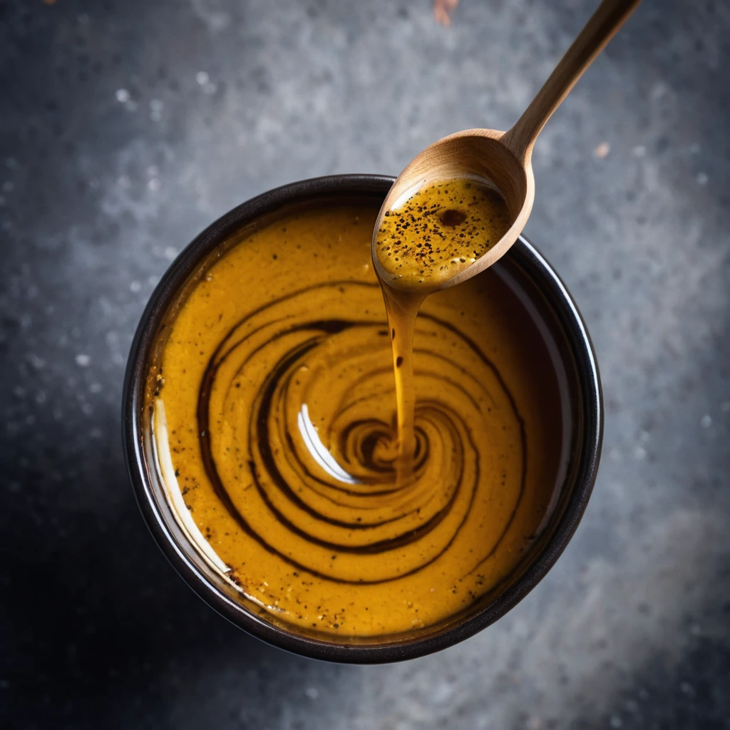 Golden sauce in a bowl with a swirl pattern, dark flecks throughout