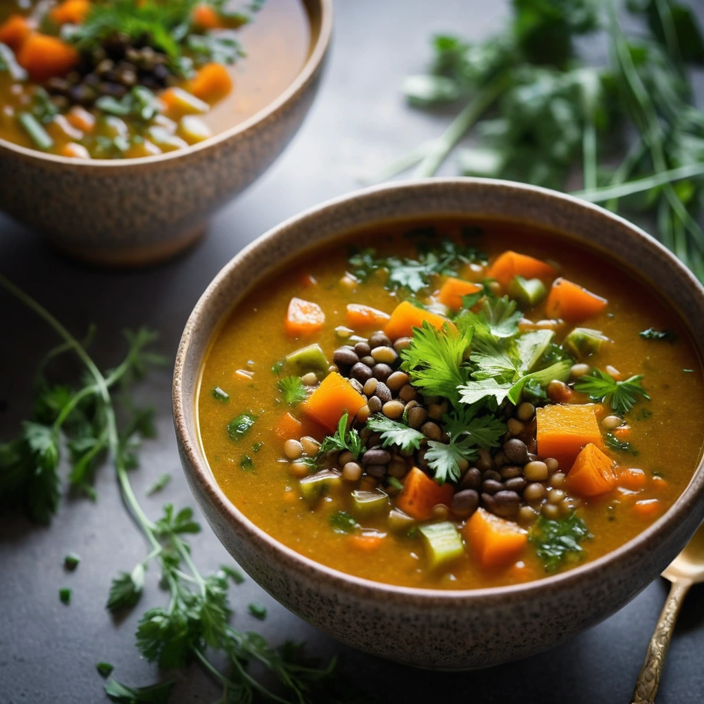 Bowl of vibrant orange and green soup with chunks of vegetables and lentils, dusted with fresh herbs.