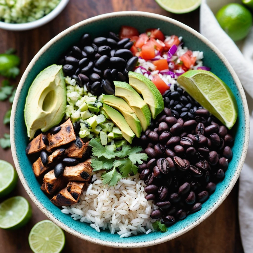 Colorful bowl with rice, black beans, grilled chicken, salsa, and avocado slices