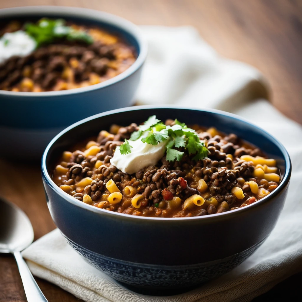 Steaming bowl of macaroni topped with a hearty beef and lentil chili, sprinkled with cheese.