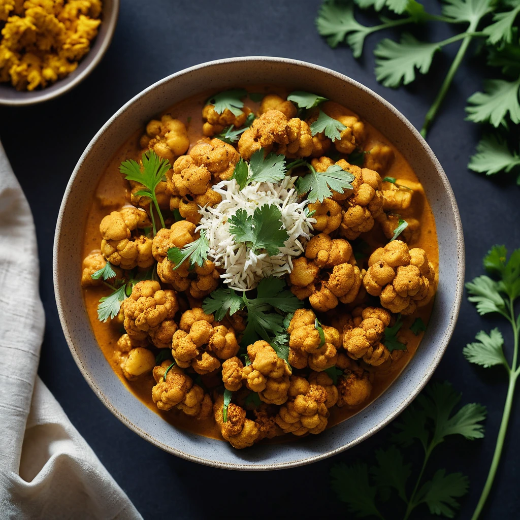 Golden cauliflower florets in a rich, creamy curry sauce served in a shallow bowl with fresh cilantro.