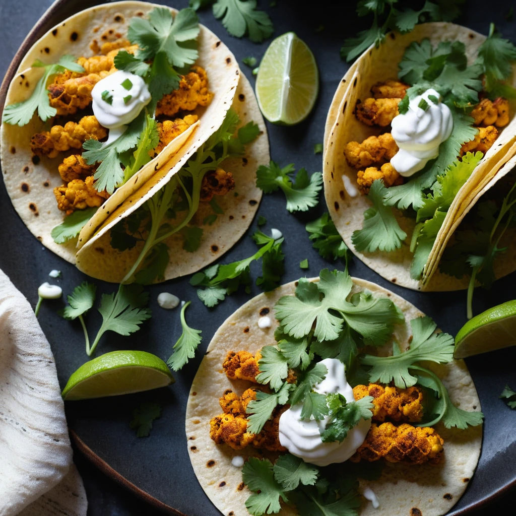 Golden cauliflower nestled in warm corn tortillas with a drizzle of green crema and a sprinkle of fresh cilantro.