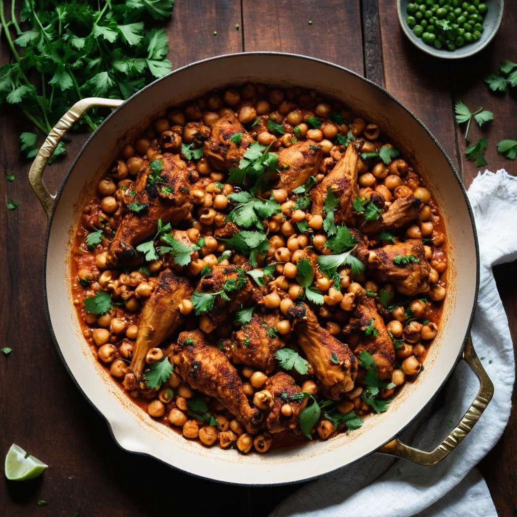Rustic skillet with golden chicken pieces, tender chickpeas, and a rich red sauce, garnished with fresh parsley.