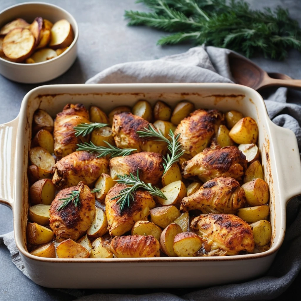 golden casserole dish filled with creamy potatoes and browned chicken pieces, sprinkled with paprika and melted cheese