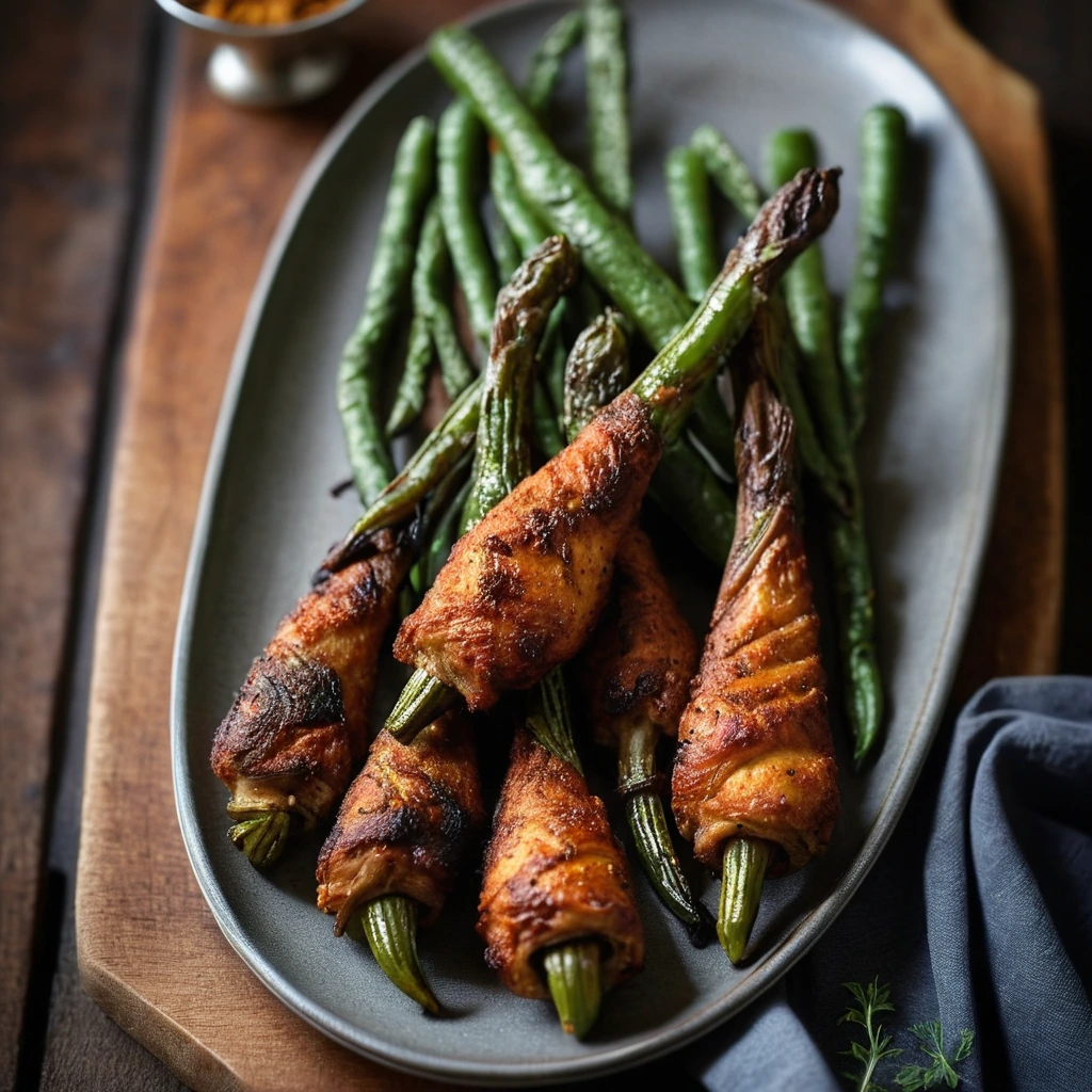 Platter of golden-brown chicken drumsticks and charred green beans on a rustic wooden board.