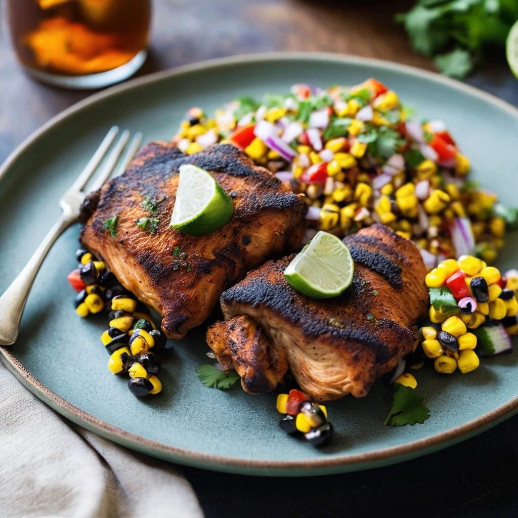 Plate with golden chicken thighs and colorful charred corn salsa