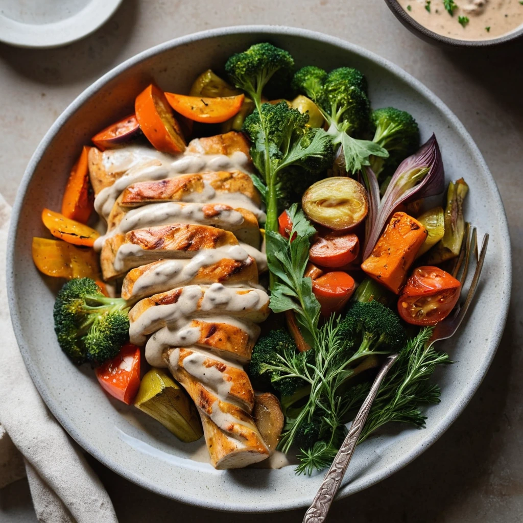 Golden roasted chicken pieces nestled among colorful roasted vegetables, drizzled with a creamy white sauce.